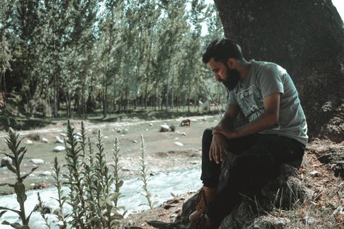 Free A man with a beard sits alone on a tree trunk by a river surrounded by greenery. Stock Photo