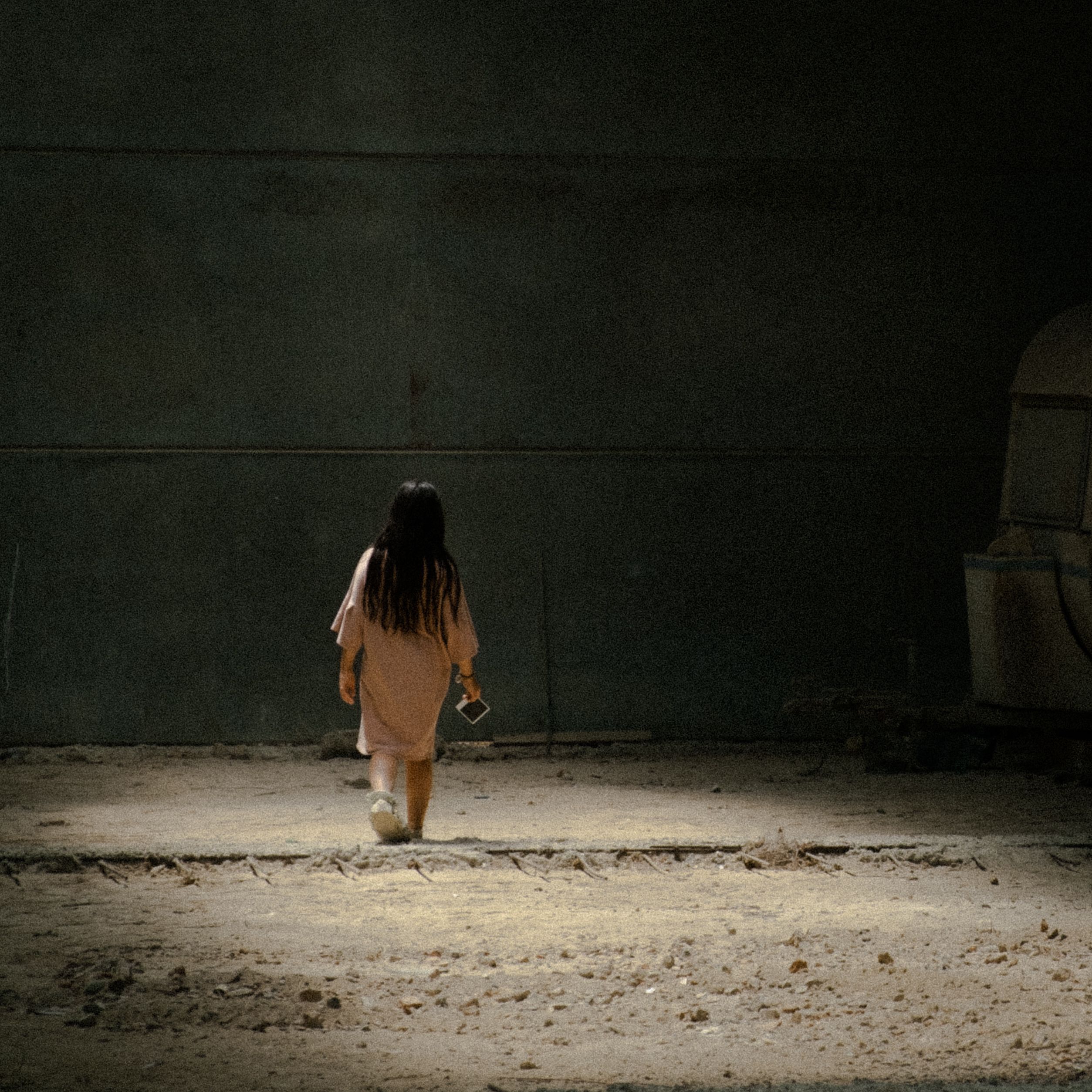 A lone woman in a pink dress walks in an abandoned, dusty warehouse carrying a polaroid.