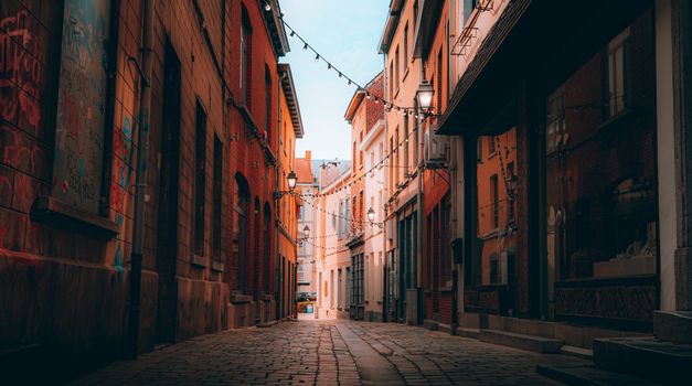 Quaint alleyway with cobblestone pavement and string lights, perfect for evening strolls.
