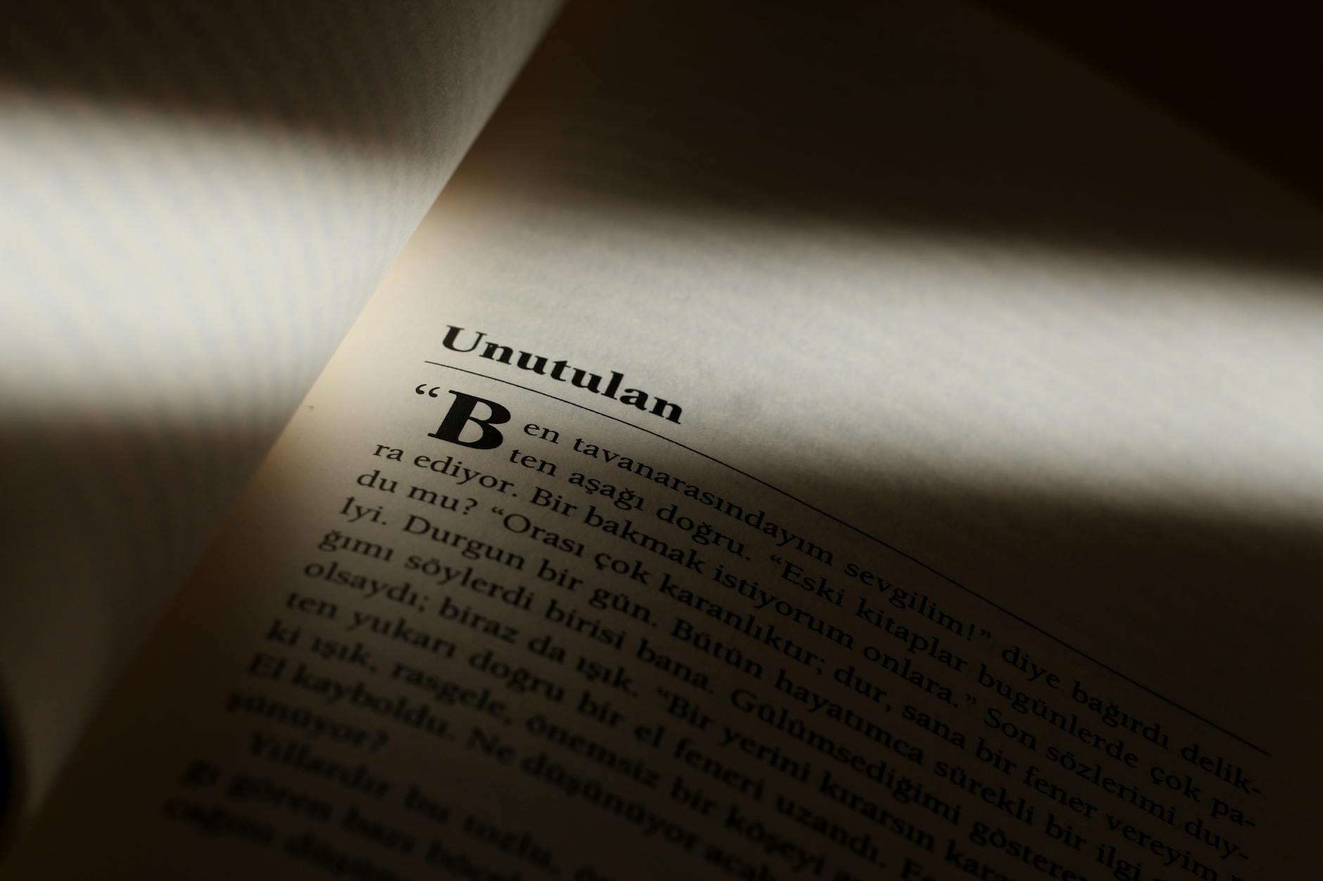 Moody close-up photo of a book page partially lit, highlighting text in Turkish.