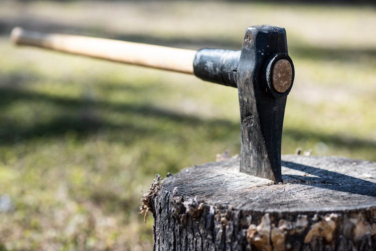 An Axe Stuck On A Chopped Wood