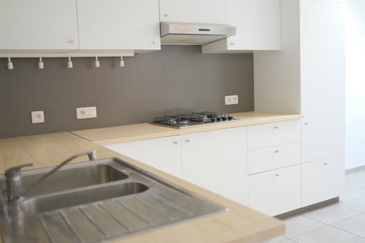 Elegant minimalist kitchen interior featuring a wooden countertop, stainless steel sink, and gas stove.