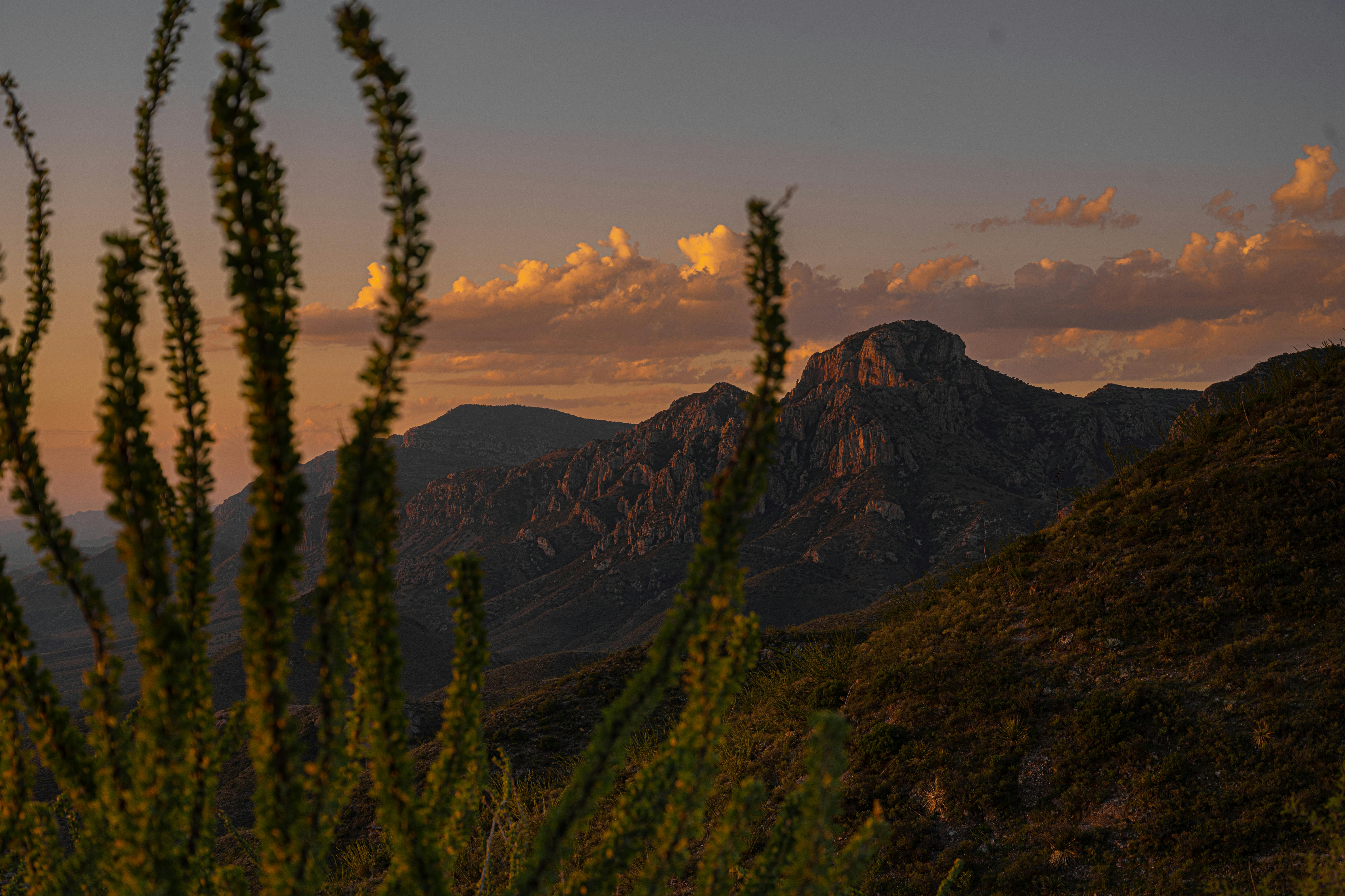 Scenic sunset view of mountains and vegetation in Santa Eulalia, Mexico, highlighting the natural beauty and tranquil atmosphere.