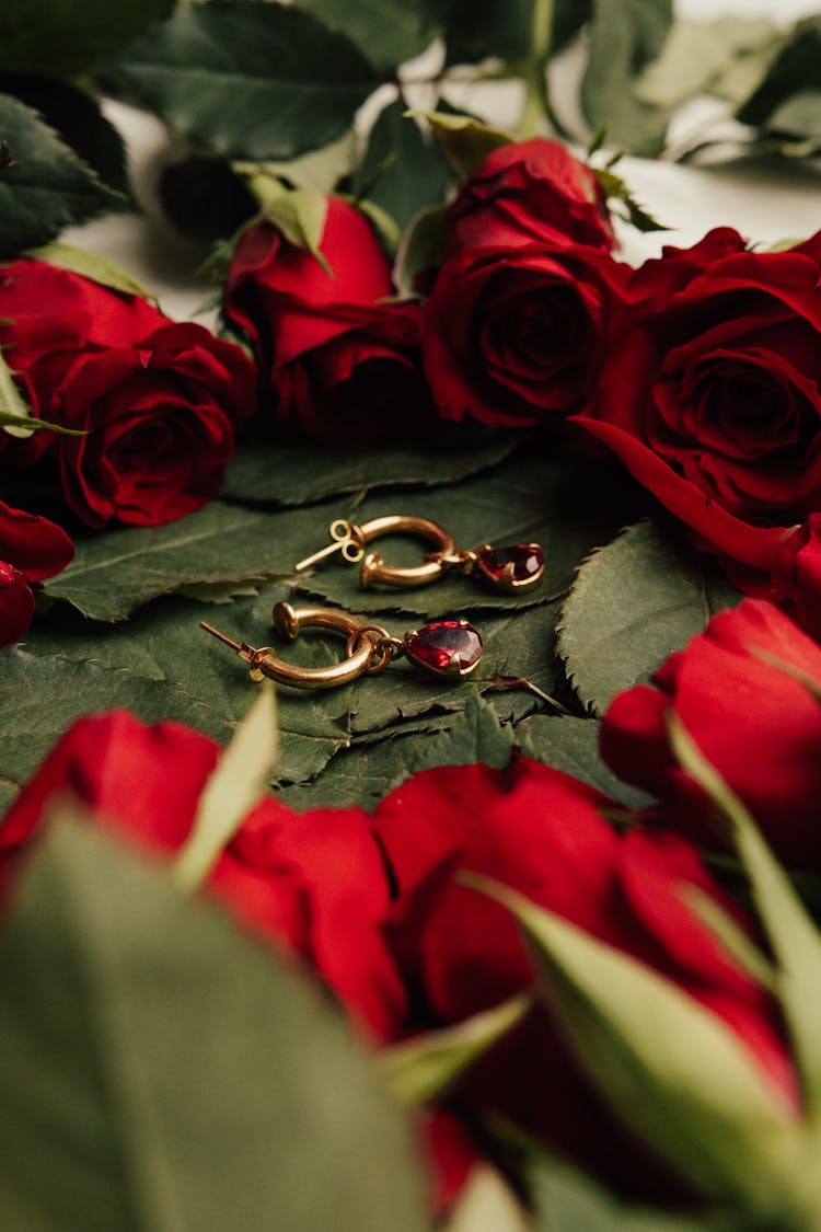 Golden Earrings Among Roses