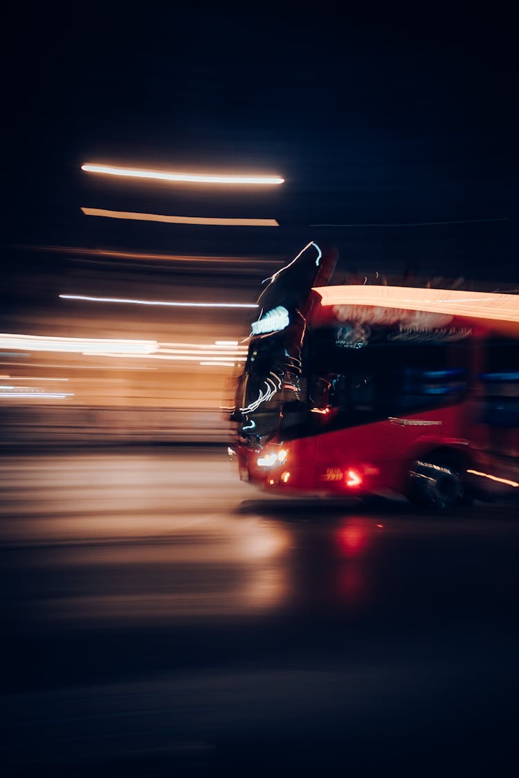 City Bus Driving On Night Road