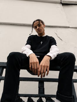 Stylish young man with braided hair posing outdoors, showcasing urban fashion.