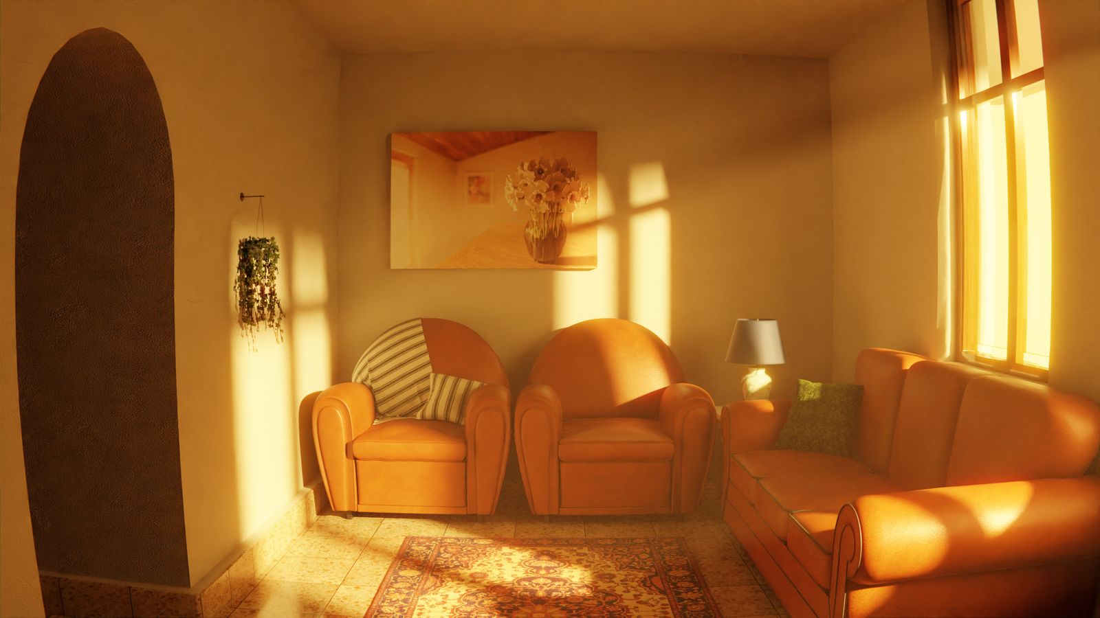 Orange sofas in a sunlit living room with no people in the frame, an illustrative real photo that nods to the famous orange couch from Friends, chosen for the Matthew Perry documentary series