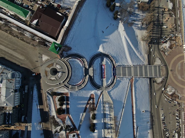 Aerial View Of City Roads In Winter 