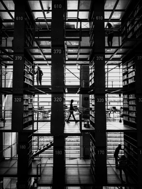 Black and white photo of a modern library with geometric design and people browsing books.