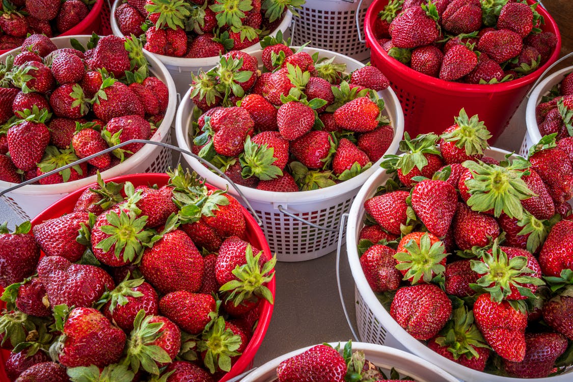 Close Up Photo of Strawberries in Baskets