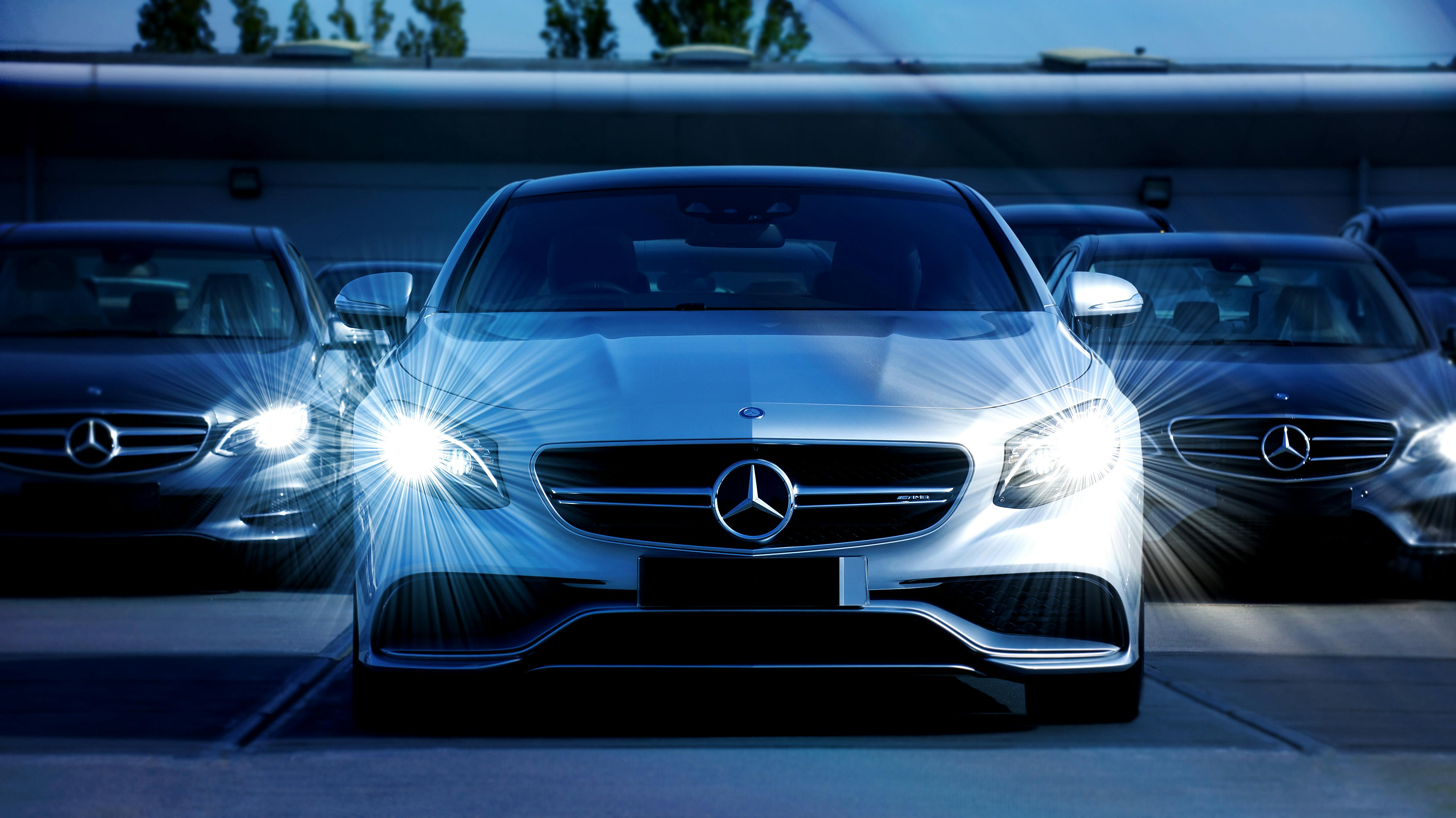 Headlights on black and white Mercedes Benz 2K wallpaper download