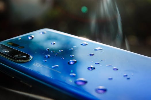A sleek blue smartphone with water droplets showcasing modern technology and design.