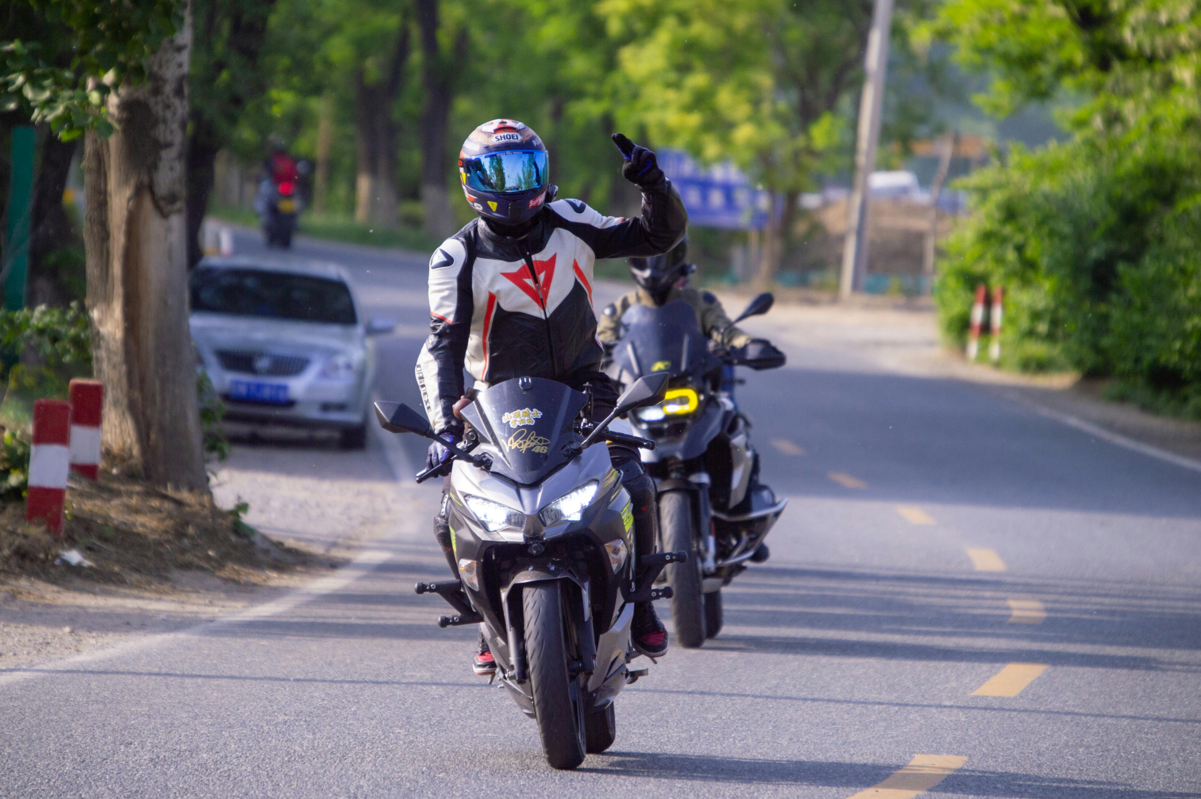 Two motorcyclists enjoy a scenic ride on a tree-lined road, showcasing biking adventure.