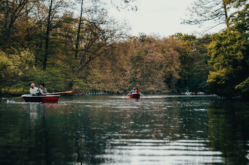 Free Person Riding on Red Kayak on River Stock Photo