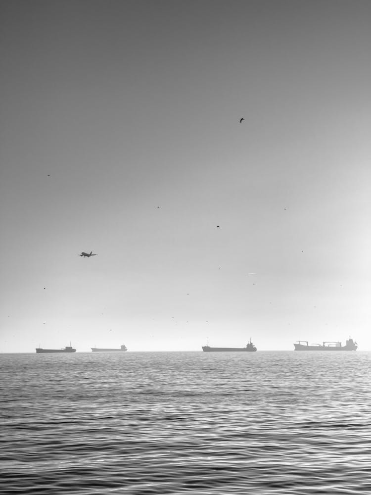 Grayscale Photo Of Ships Cruising On Sea