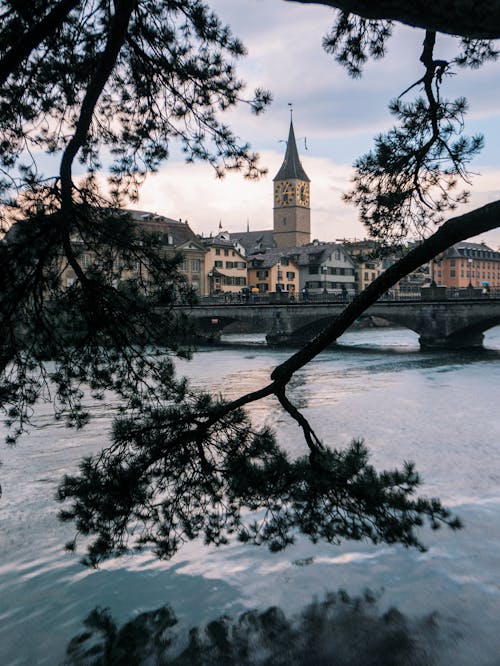 View of the St. Peter Church of Zurich from Across the River
