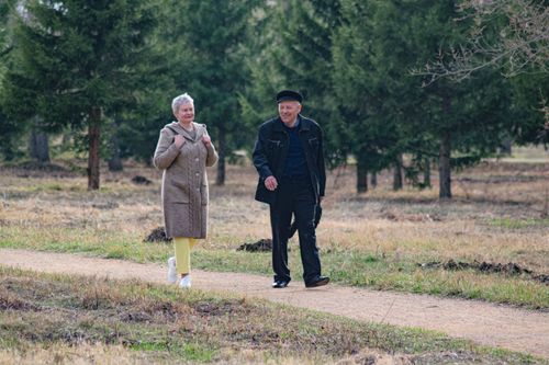 Free Happy senior couple strolling along a park path on a pleasant spring day. Stock Photo