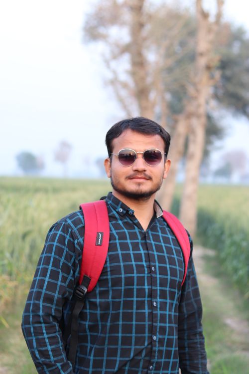 Free Outdoor portrait of a bearded man in sunglasses, wearing a red backpack in a field. Stock Photo