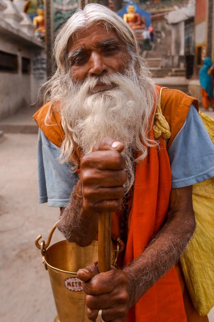 Elderly Man With Long Gray Hair And Beard 