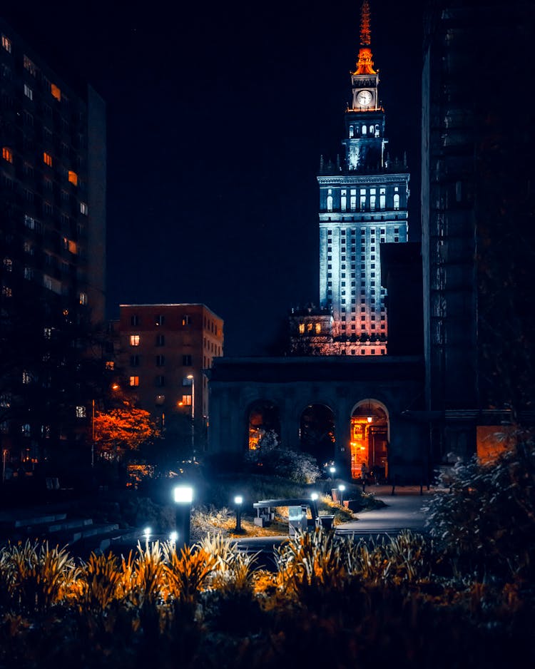 Palace Of Culture In Warsaw At Night 