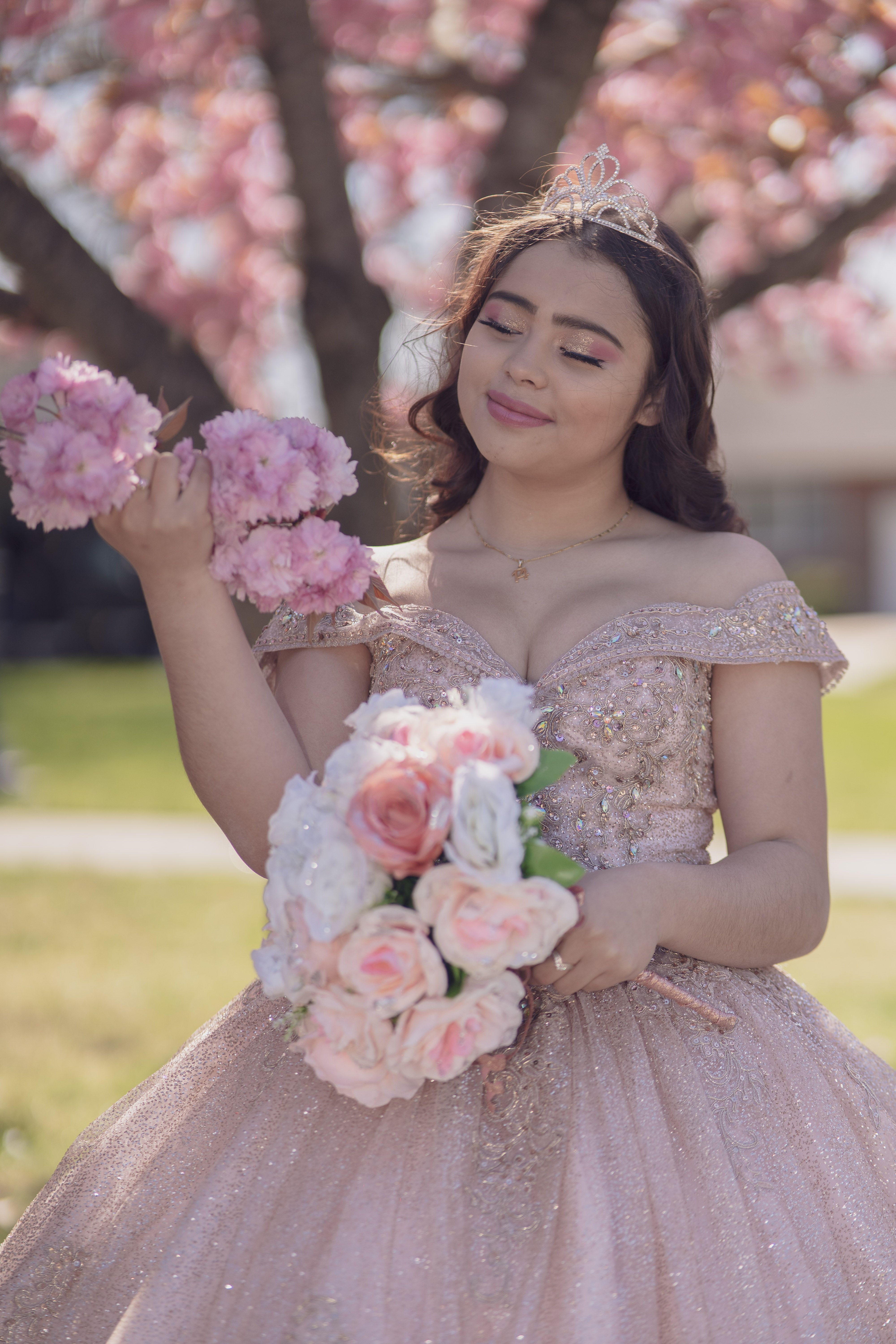 Young woman in a pink quinceañera gown, illustrative stock photograph.