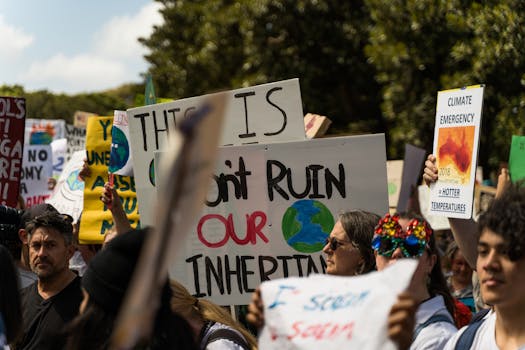 Crowd of protesters in Sydney rallying for climate change action with diverse signs.