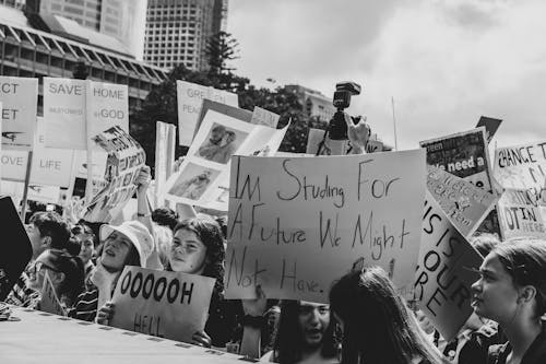 Grayscale Photography of People Holding Placards while Standing Near the Stage