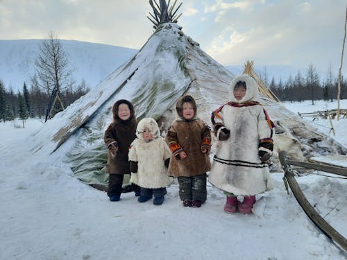 Children in Front of a Tent in Winter