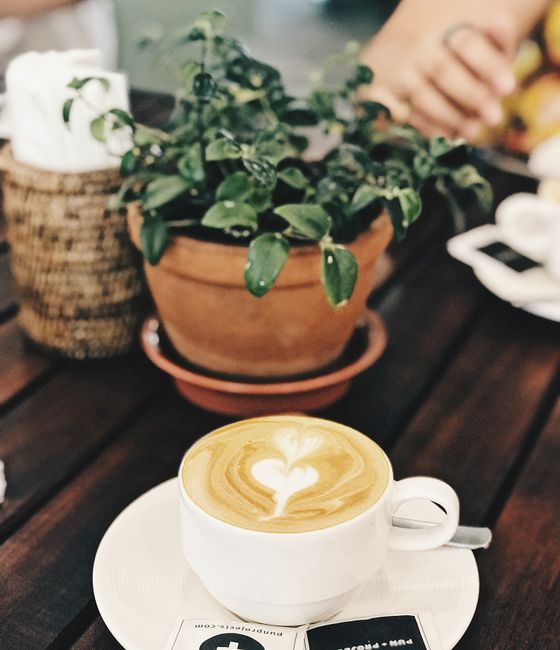 A close-up of latte art with plant on a wooden table in a cozy café.