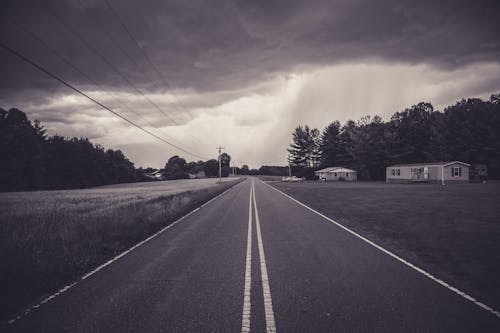 Grayscale Photo of Road Near Houses