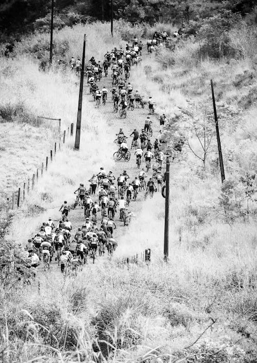 Black and White Photo of Bicycle Race