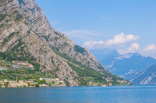 Buildings on Mountains on a Lake Under Blue Sky