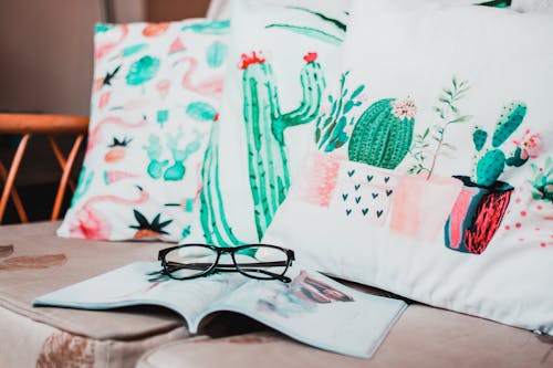 Free Black Framed Eyeglasses Placed on Opened Book Near Cacti-print Pillows Stock Photo
