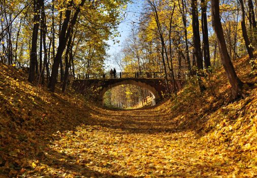 A serene autumn scene with a rustic stone bridge over a forest path covered with golden leaves.