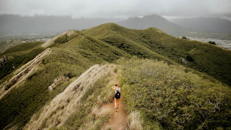 Woman Hiking On The Green Mountains 