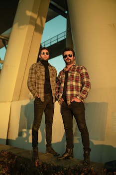Two fashionable men wearing sunglasses and flannel shirts pose confidently under a large bridge.