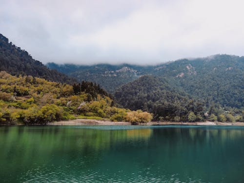 Free Lake on Green Mountains Under Cloudy Sky  Stock Photo
