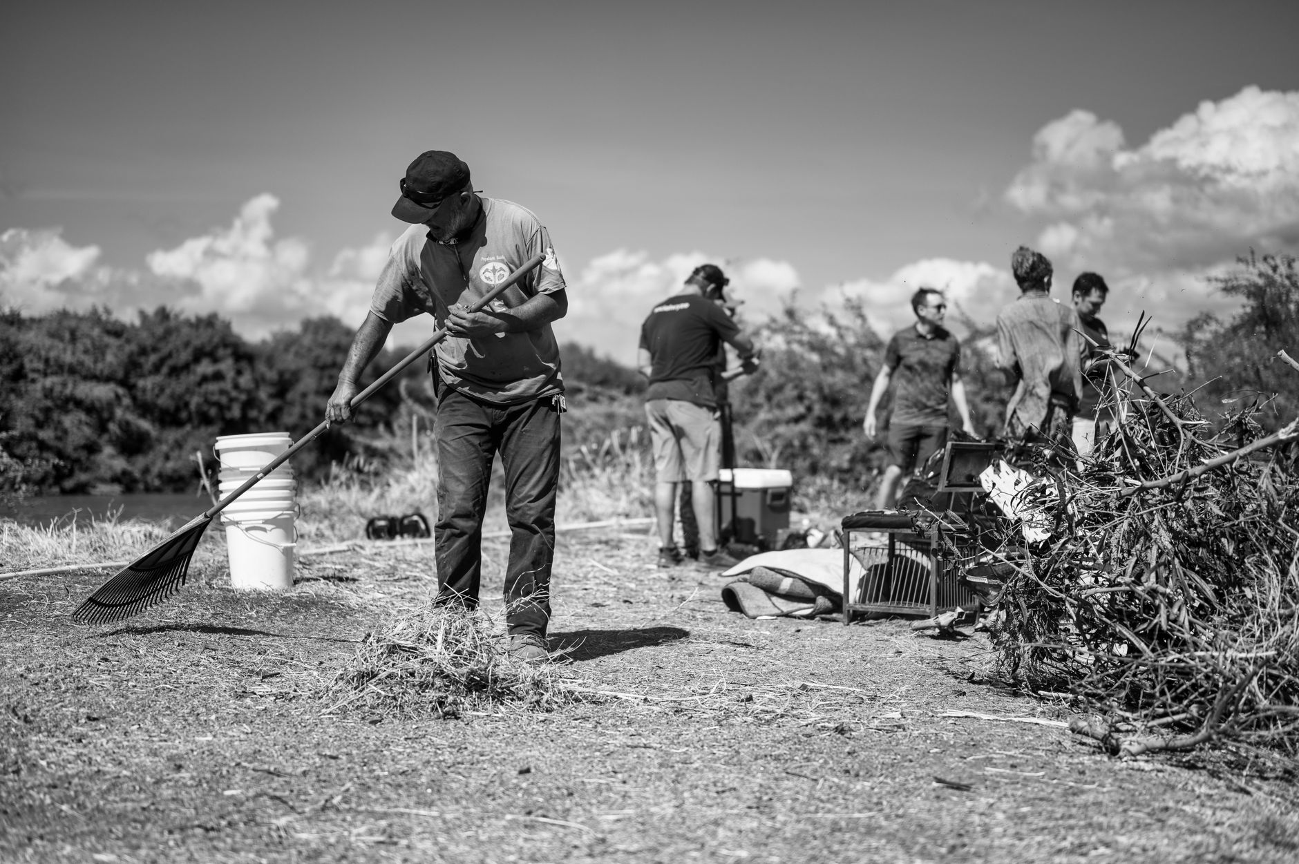 A volunteer replacing wet bedding with dry straw inside a sheltered rooster recovery enclosure