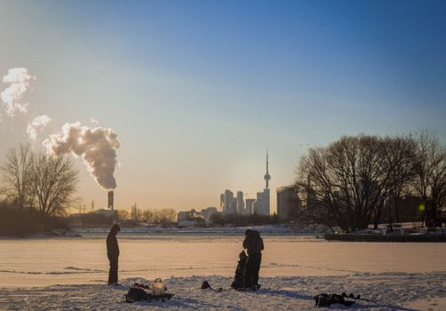 A winter day in Toronto, featuring the skyline and a snowy landscape.