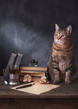 A serene tabby cat sits beside a vintage writing set on a wooden desk.