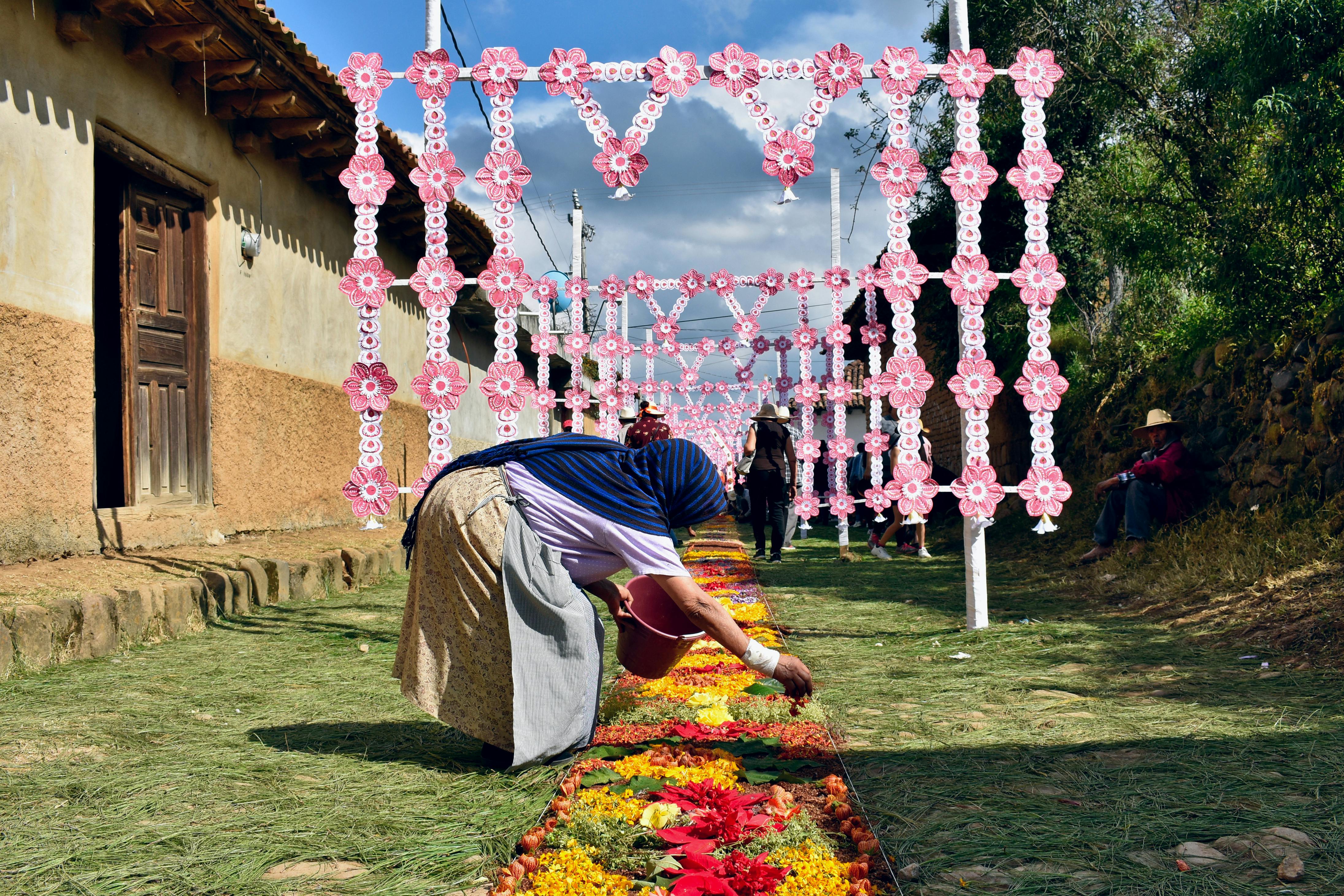 Woman decorates a vibrant flower carpet during a traditional festival in Michoacán, Mexico.