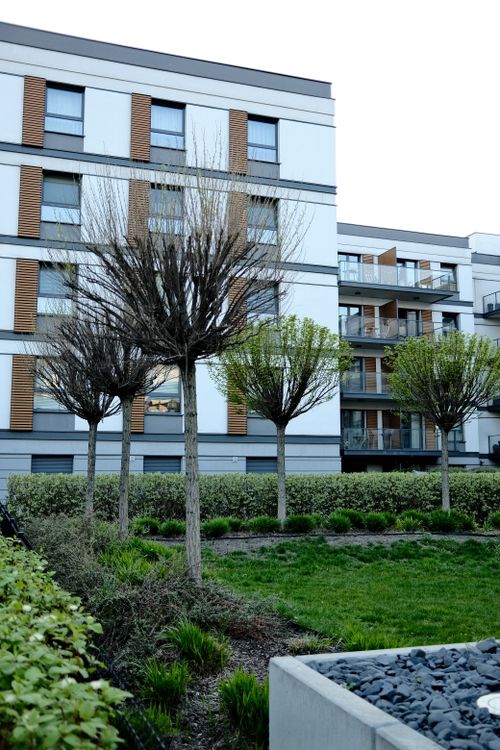 Free Contemporary apartment building surrounded by a well-maintained garden and trees. Stock Photo