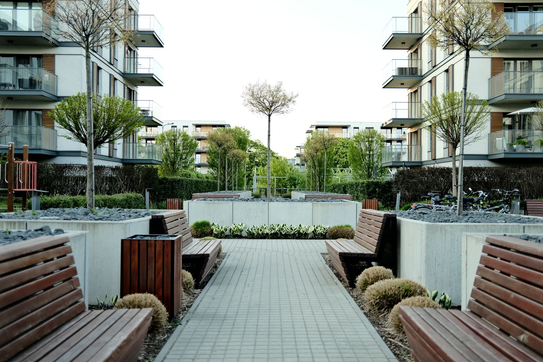 Contemporary concrete walkway and patio with flanking benches in a vibrant Cambridge garden. Contemporary concrete walkway and patio with flanking benches in a vibrant Cambridge garden.