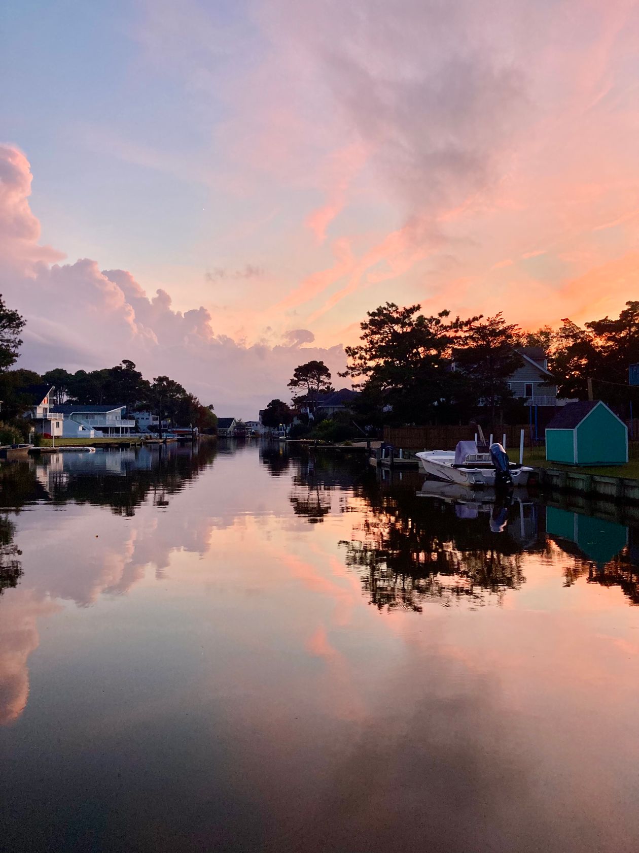 Waterfront homes along the Lynnhaven waterway in Great Neck Virginia Beach at sunset