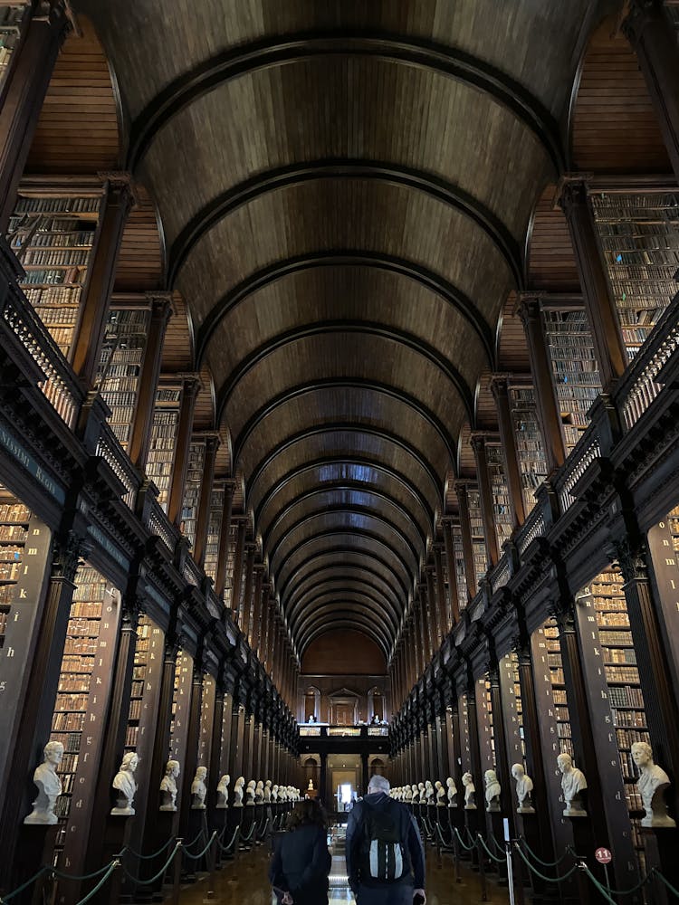 Wooden Book Shelves Inside Library Of Trinity College In Dublin 