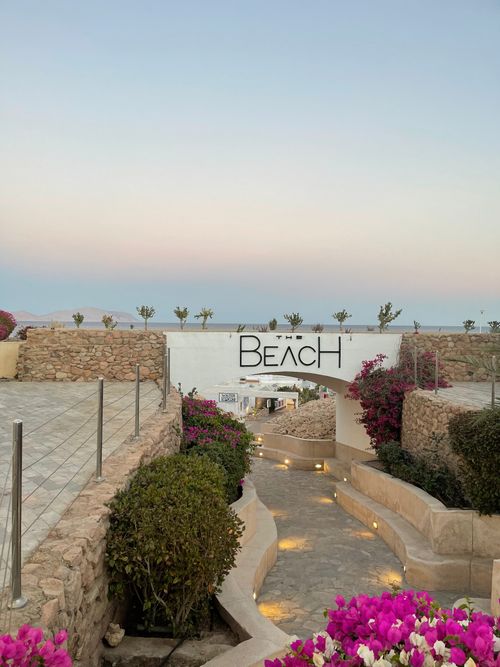 Free Charming pathway leading to a beautiful beach in Sharm El-Sheikh with vibrant flowers. Stock Photo