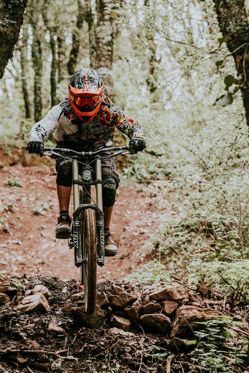 Free Dynamic shot of a mountain biker in action on a rugged forest trail. Stock Photo