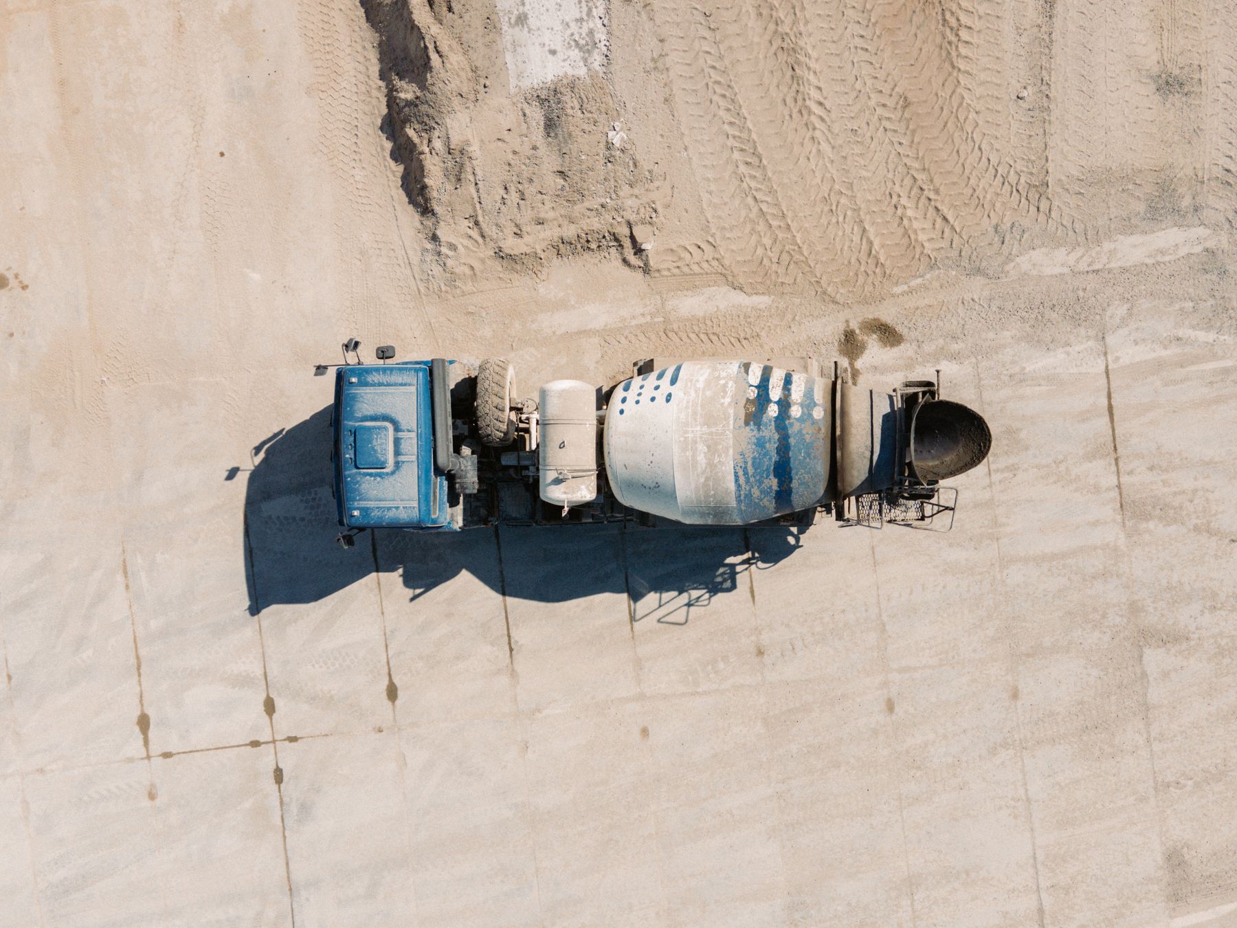 Aerial view of a ready-mix concrete delivery truck