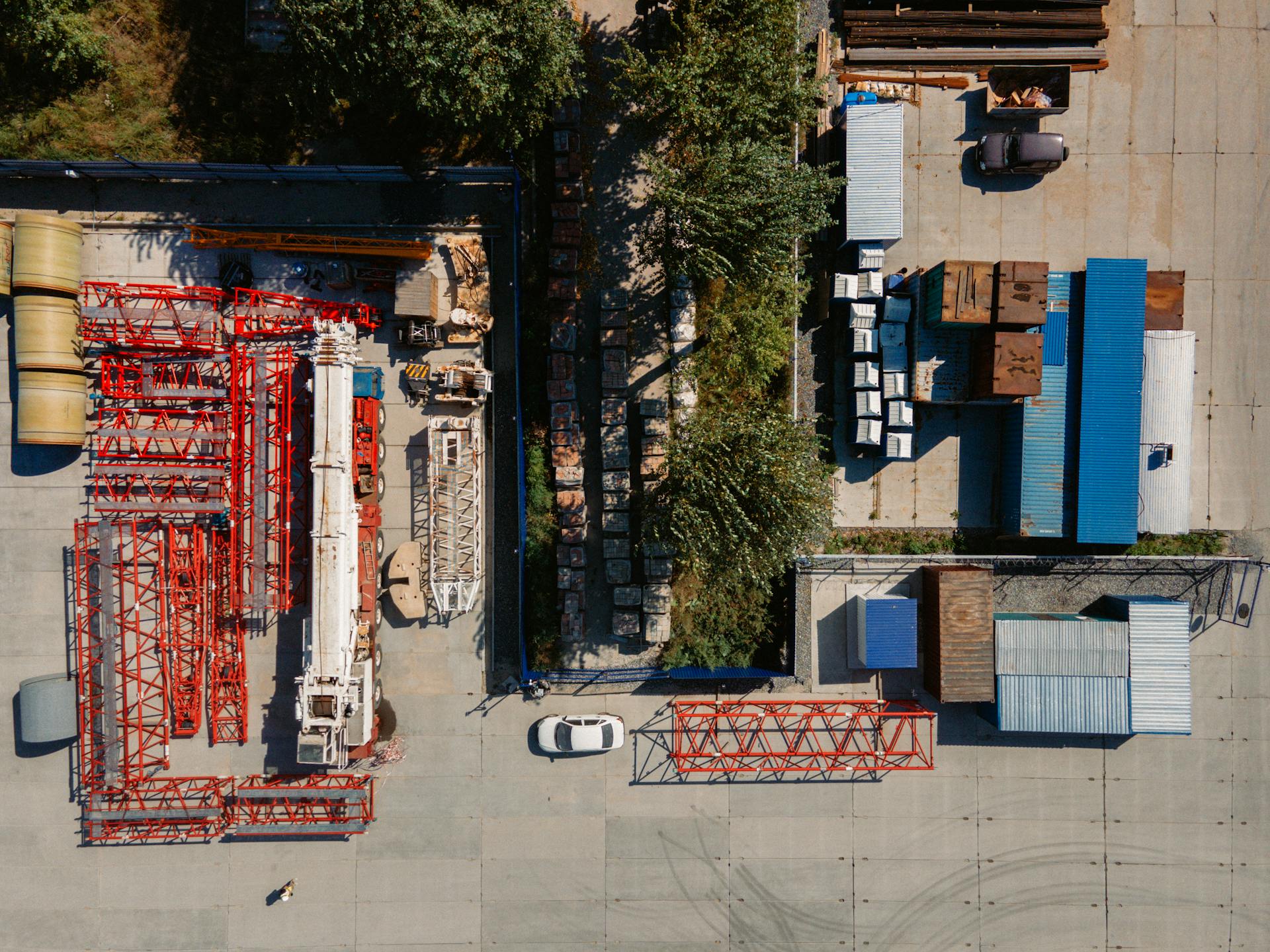 Aerial image of an industrial area with construction materials in Novosibirsk, Russia.