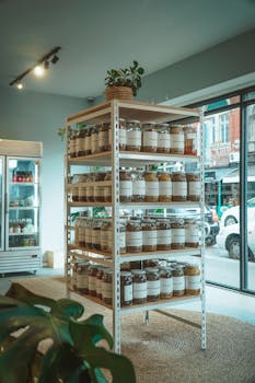A modern store display with glass jars on wooden shelves in a well-lit environment.